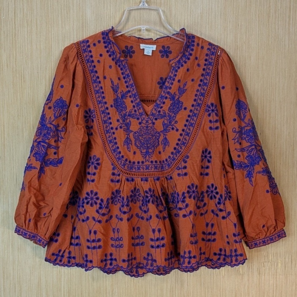 Sundance Boho Peasant Cottage Embroidered Eyelet Peplum Blouse Size S Orange